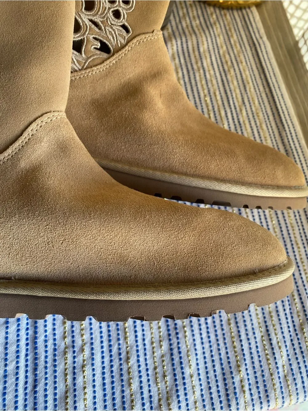 Women’s Suede Mid-Calf Boot with Floral Cutout Tan Sz 11 NWT